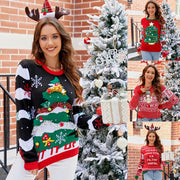 Leisure Round Neck Christmas Sweater Embroidered Christmas Tree Alphabet Cartoon