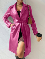 Long Sleeve Lapel PU Leather Jacket With Pockets Slim Fit Long Trench Coat Women's Clothing