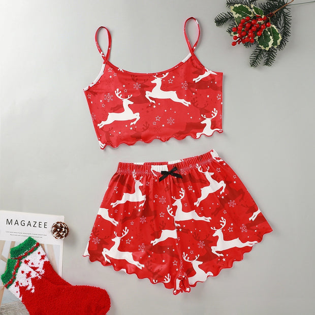 Christmas European And American Thin Pajamas Women's Sleeveless Shorts Milk Silk Simple Casual Two-piece Suit Homewear