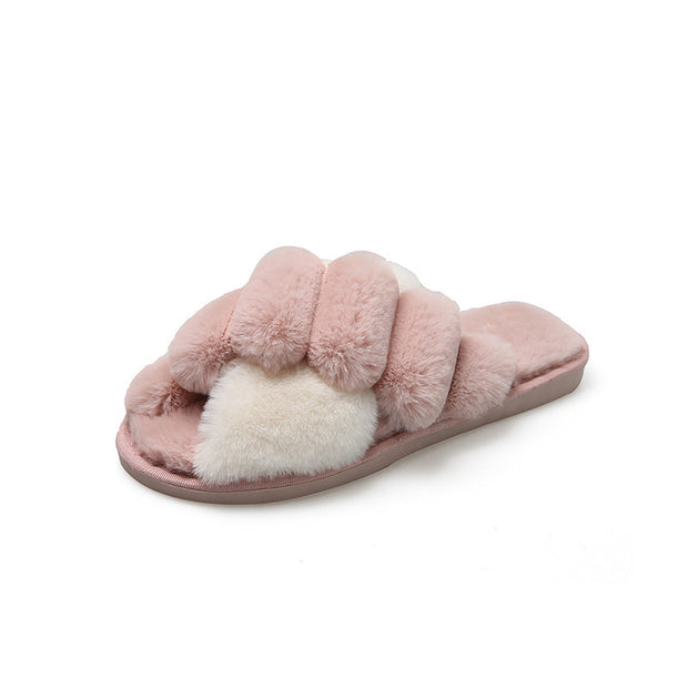 Cross Top Fur Flat Warm Plush Slipper