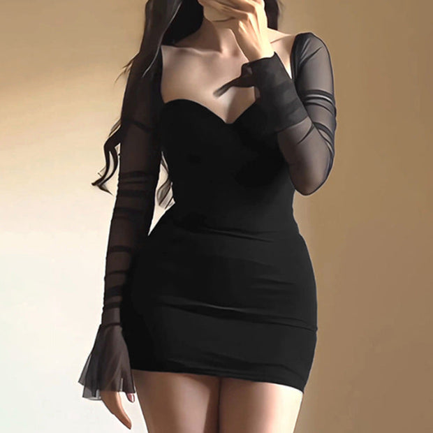 Sexy Mesh Stitching Long Sleeve Slim Fit Dress