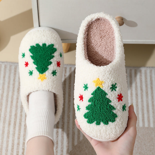 Christmas Home Slippers Cute Cartoon Santa Claus Cotton Slippers For Women And Men Couples Winter Warm Furry Shoes