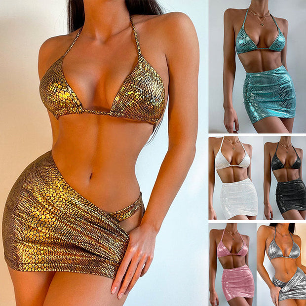 Women's 3 Piece Bathing Suits Halter Snake Pattern Bikini Set With Cover Up Skirt Summer Swimsuit