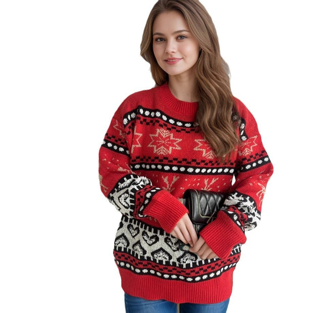 Christmas Casual Red Deer Jacquard Women's Long-sleeved Round Neck Sweater