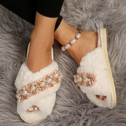 Cross Fur Slipper Pearl Advanced European And American Korean Style Home Plus Size Flowers