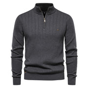 Men's Stand Collar Sweater Fashion Half-zipper Solid Color Striped Knit Sweater High Quality Slim Fit Top Clothing