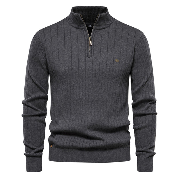 Men's Stand Collar Sweater Fashion Half-zipper Solid Color Striped Knit Sweater High Quality Slim Fit Top Clothing