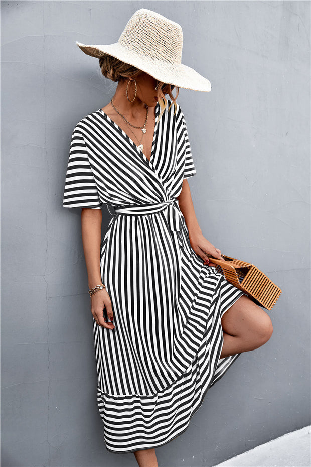 European And American Spring And Summer New Classic Hot Selling Product Cross V-neck Lace-up Striped Dress