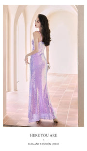 New Sequined Evening Dress Autumn And Winter Purple French Style High Sense Banquet