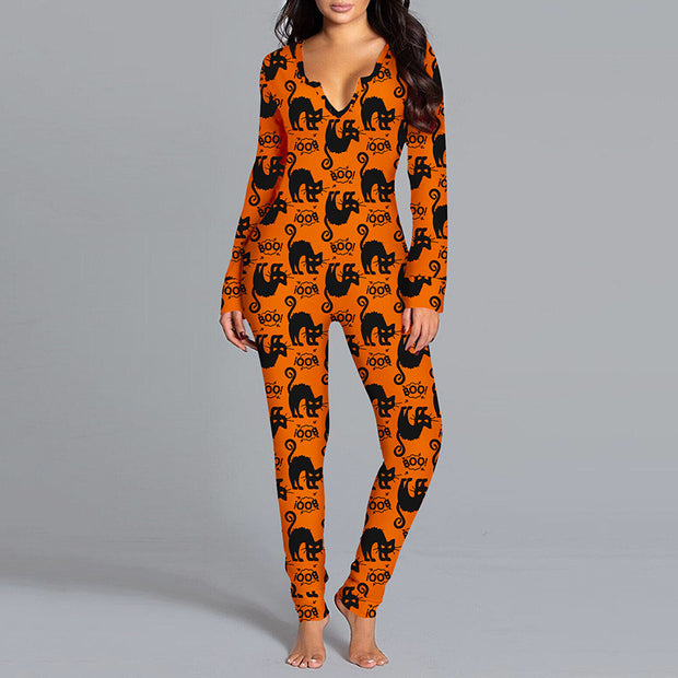 Halloween Printed Jumpsuit Long Sleeve Home Pajamas Casual Trousers Women's Cos Clothing