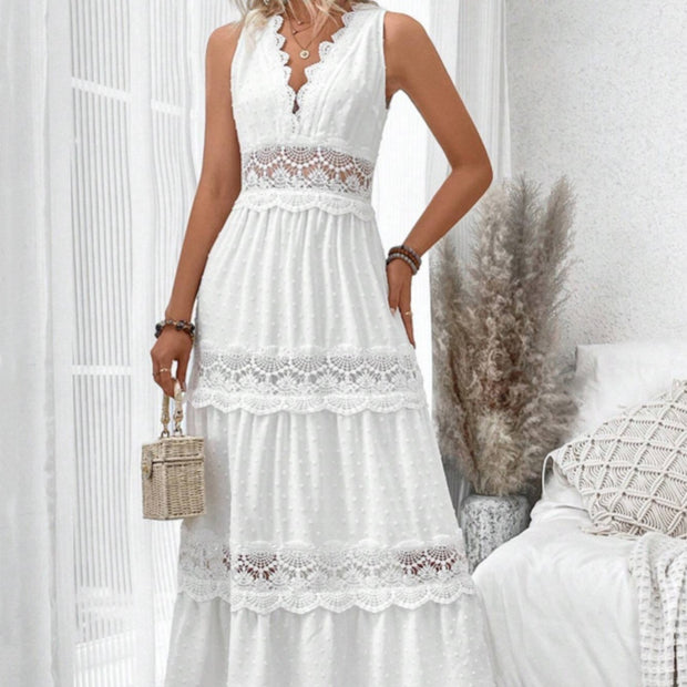 Women's Lace Stitching V-neck Sleeveless Dress