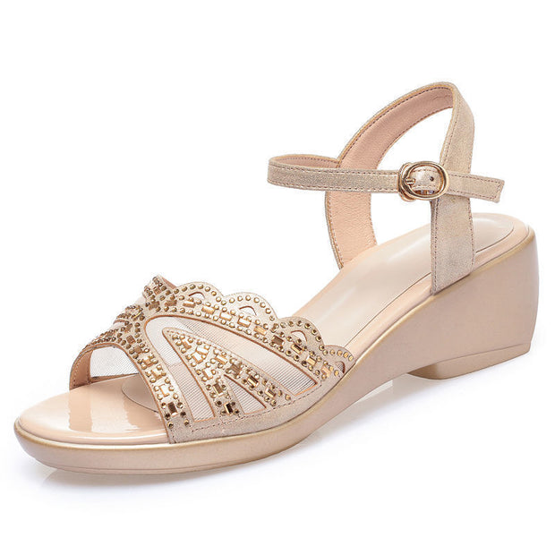 Women's Soft Leather Sandals Summer Hollow Mesh Peep Toe Shoes