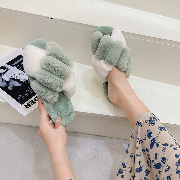 Cross Top Fur Flat Warm Plush Slipper