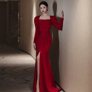 Bride Fishtail Square Collar Long Sleeve Design Simple Satin Evening Dress