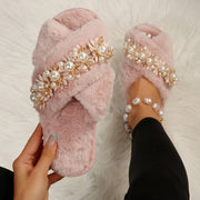 Cross Fur Slipper Pearl Advanced European And American Korean Style Home Plus Size Flowers