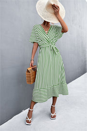 European And American Spring And Summer New Classic Hot Selling Product Cross V-neck Lace-up Striped Dress