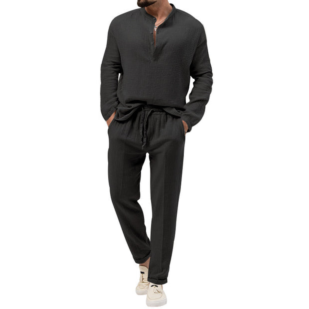 Solid Color Casual T-shirt Long Sleeve Shirt Trousers Suit