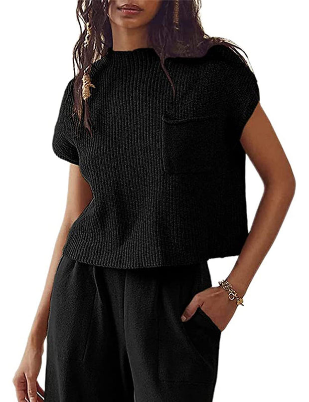 Women's Knitted Sleeveless Pocket Casual Rib Pullover Vest