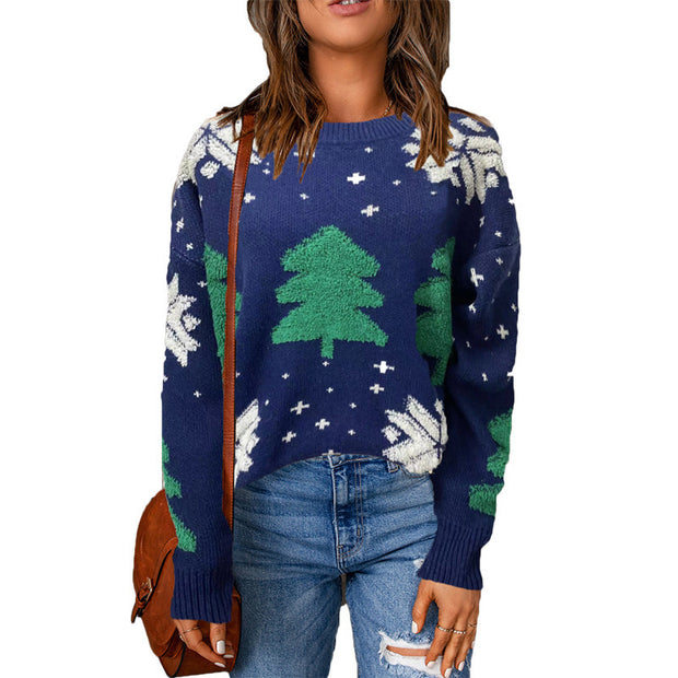 Women's Casual Round Neck Embroidered Christmas Tree Cartoon Round Neck Sweater Coat