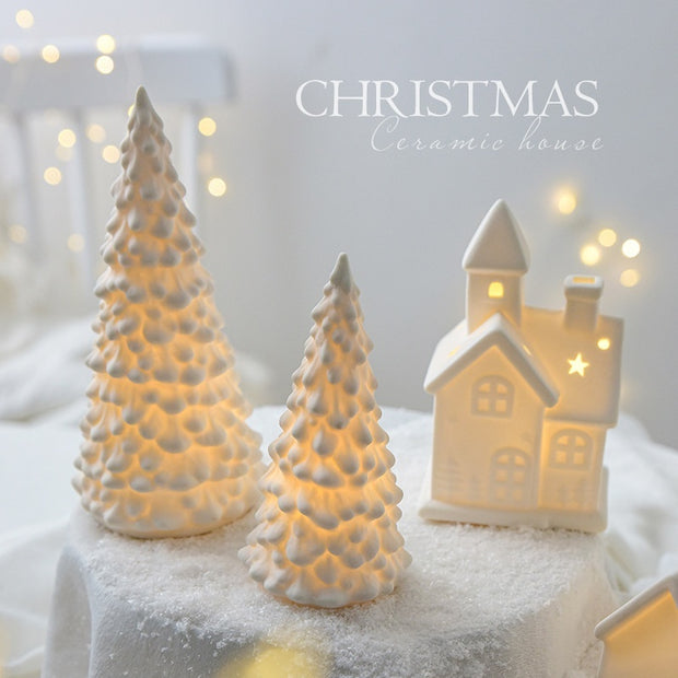 Ceramic Christmas Tree Desktop Decoration Luminous Christmas Small House Christmas Snowman