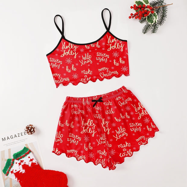 Christmas European And American Thin Pajamas Women's Sleeveless Shorts Milk Silk Simple Casual Two-piece Suit Homewear