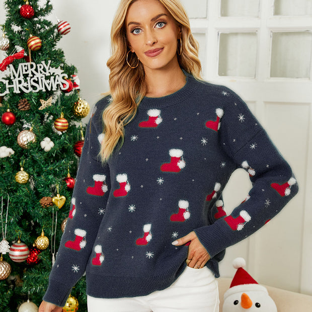 European And American Knitwear Autumn And Winter Pullover Round Neck Snowflake Christmas Sweater