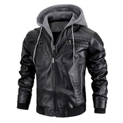 Hooded Jacket With Zipper Pockets Fashion Warm Pu Leather Coat Mens Clothing