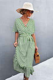 European And American Spring And Summer New Classic Hot Selling Product Cross V-neck Lace-up Striped Dress