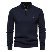 Men's Stand Collar Sweater Fashion Half-zipper Solid Color Striped Knit Sweater High Quality Slim Fit Top Clothing