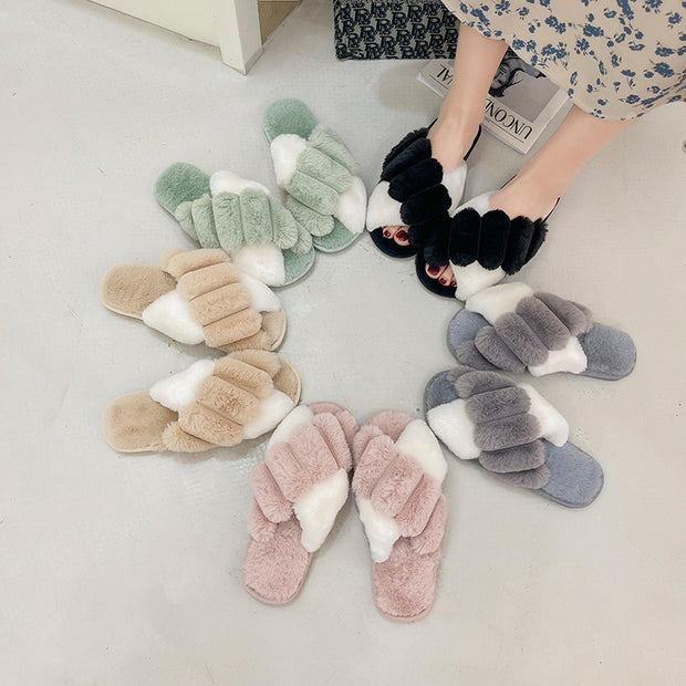 Cross Top Fur Flat Warm Plush Slipper