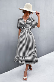 European And American Spring And Summer New Classic Hot Selling Product Cross V-neck Lace-up Striped Dress