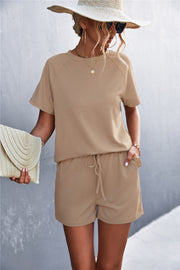 Spring And Summer New Product Best-selling Solid Color Round Neck Ruffled Short Sleeves Shorts Casual Suit