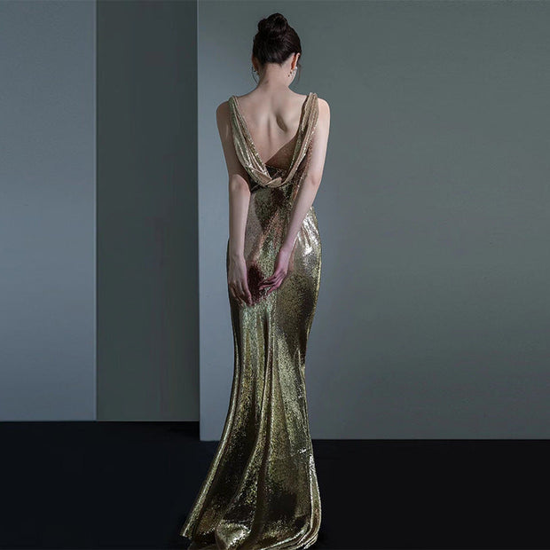 Fishtail Evening Dress For Women Elegant Sequins Annual Meeting Sexy Backless