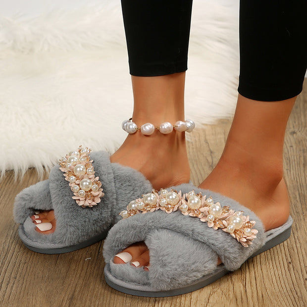 Cross Fur Slipper Pearl Advanced European And American Korean Style Home Plus Size Flowers