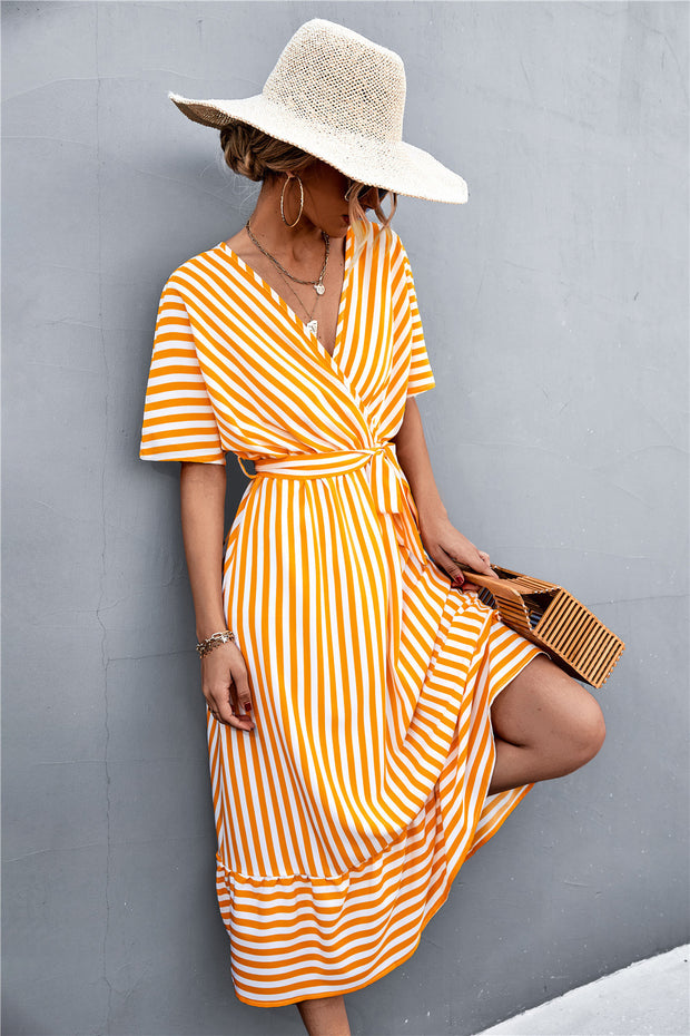 European And American Spring And Summer New Classic Hot Selling Product Cross V-neck Lace-up Striped Dress