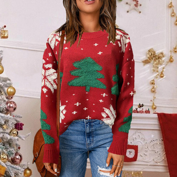 Women's Casual Round Neck Embroidered Christmas Tree Cartoon Round Neck Sweater Coat