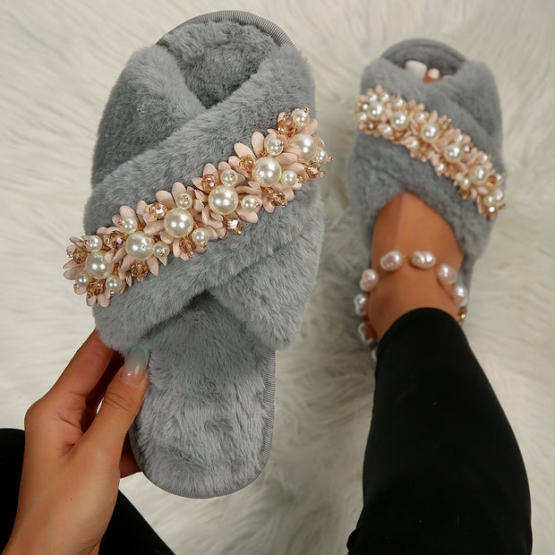 Cross Fur Slipper Pearl Advanced European And American Korean Style Home Plus Size Flowers