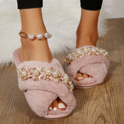 Cross Fur Slipper Pearl Advanced European And American Korean Style Home Plus Size Flowers