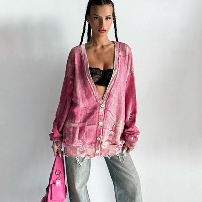 Vintage Tie-dyed Distressed Woolen Coat Women's Cardigan