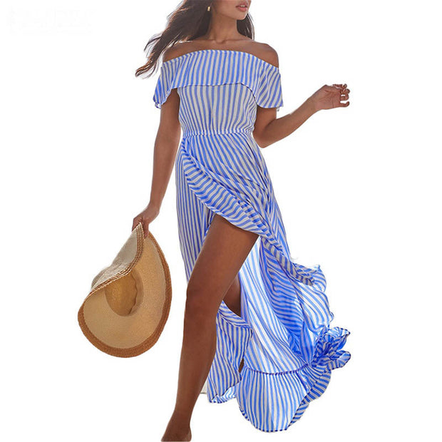 Women's Off-shoulder Dress Striped Waist